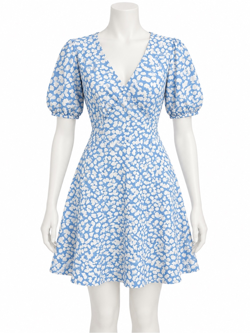 Uniqlo Light Blue and White Puff-Sleeve V-Neck Dress
